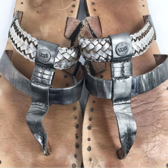 UGG Audra Metallic Silver Braid Leather Double Strap Thong Slide Boho Sandals - Picture 7 of 12